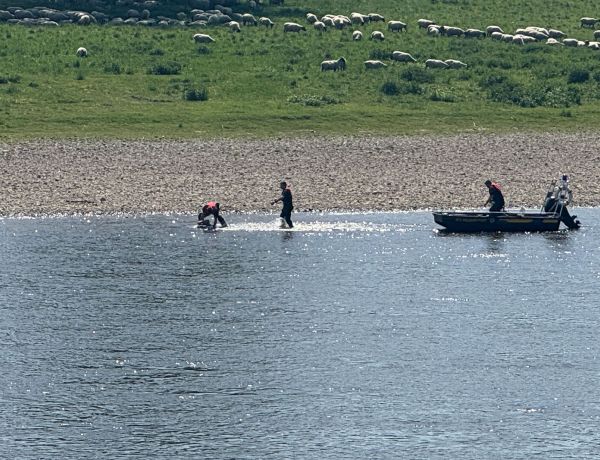 Wasserrettung: Person und Rollstuhl bei Dresen im Fluss